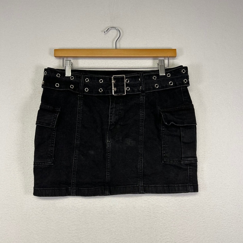 Grunge Y2K Windsor Women Lg Black‎ Denim Cargo Mini Skirt Grommet Belt TS66-BLK